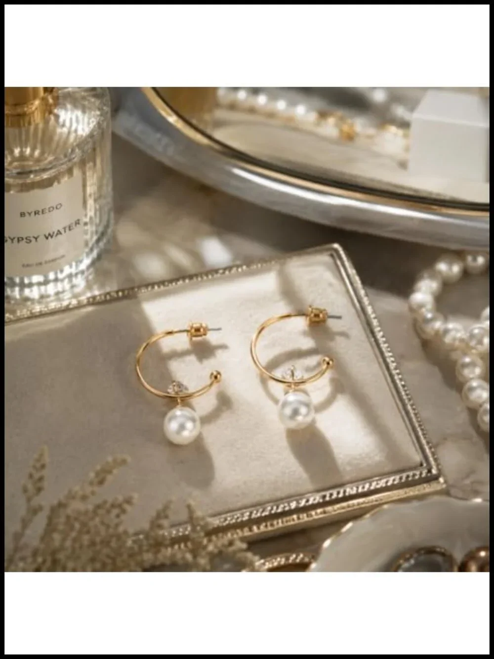 Faux Pearl Hoop Earrings with Crystal Accent, Gold-Tone Finish, Lightweight